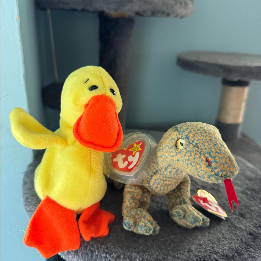 Ty Yellow Duck and Patterned Dinosaur Plush Set